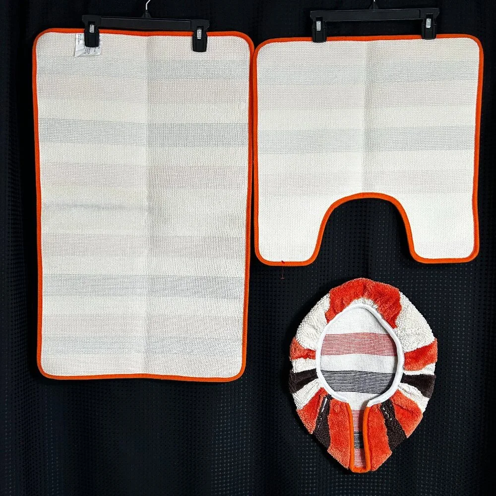 NOS Vtg MCM Bathroom Set  Matching  Scatter Rugs Toilet Cover Brown Orange Cream